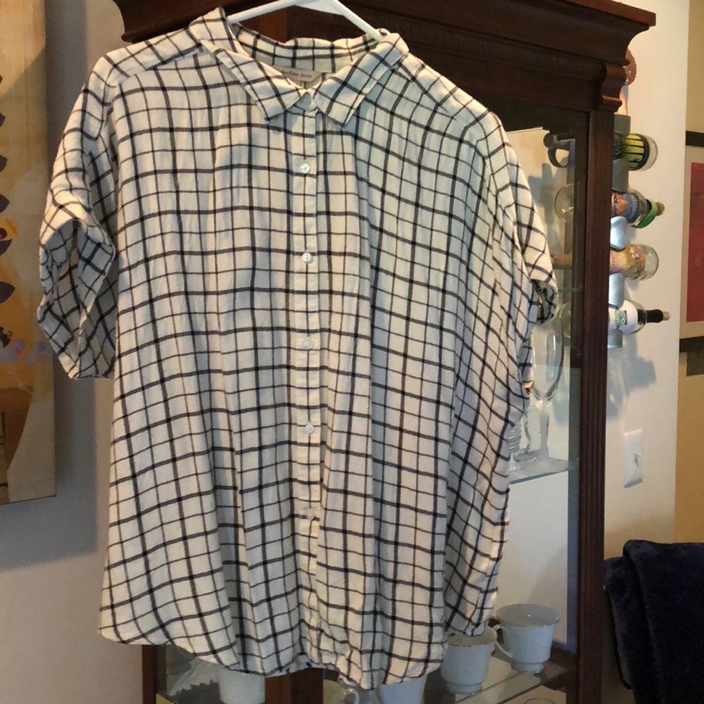 Cream and black plaid button up shirt